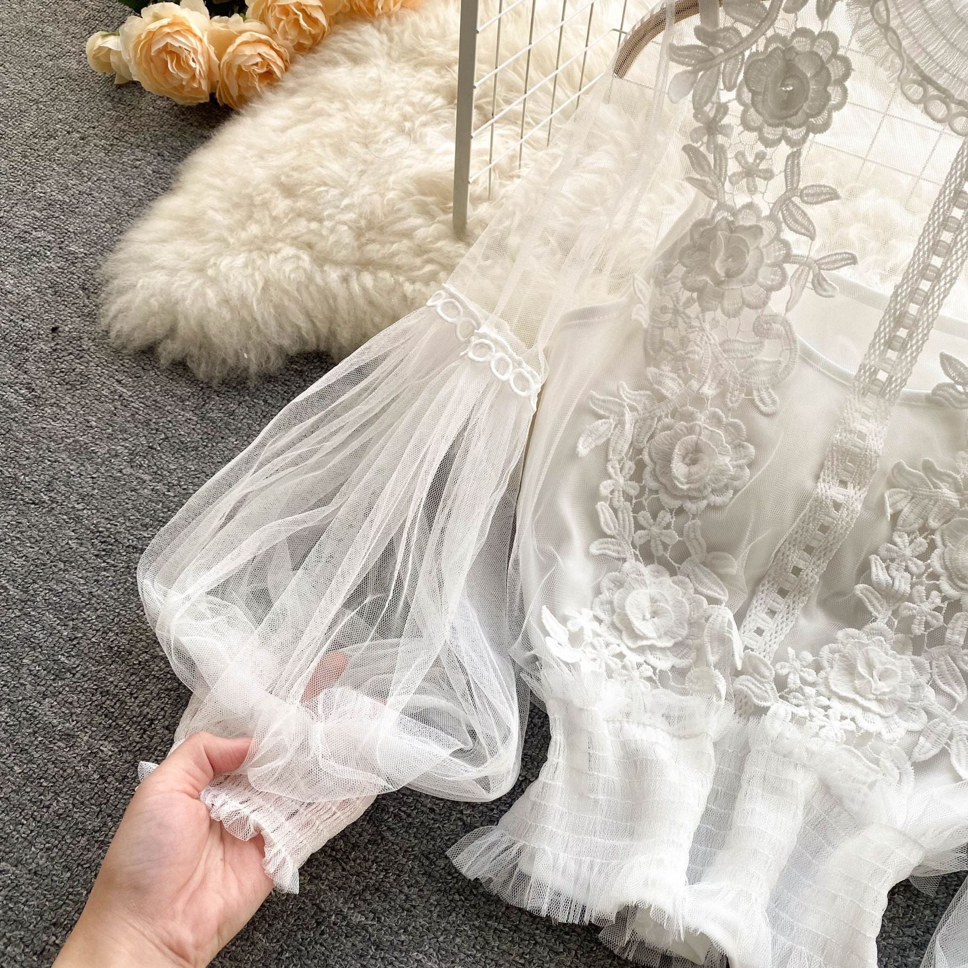 Women Flowers See-Through Mesh Lantern Sleeves lace crop Top 23