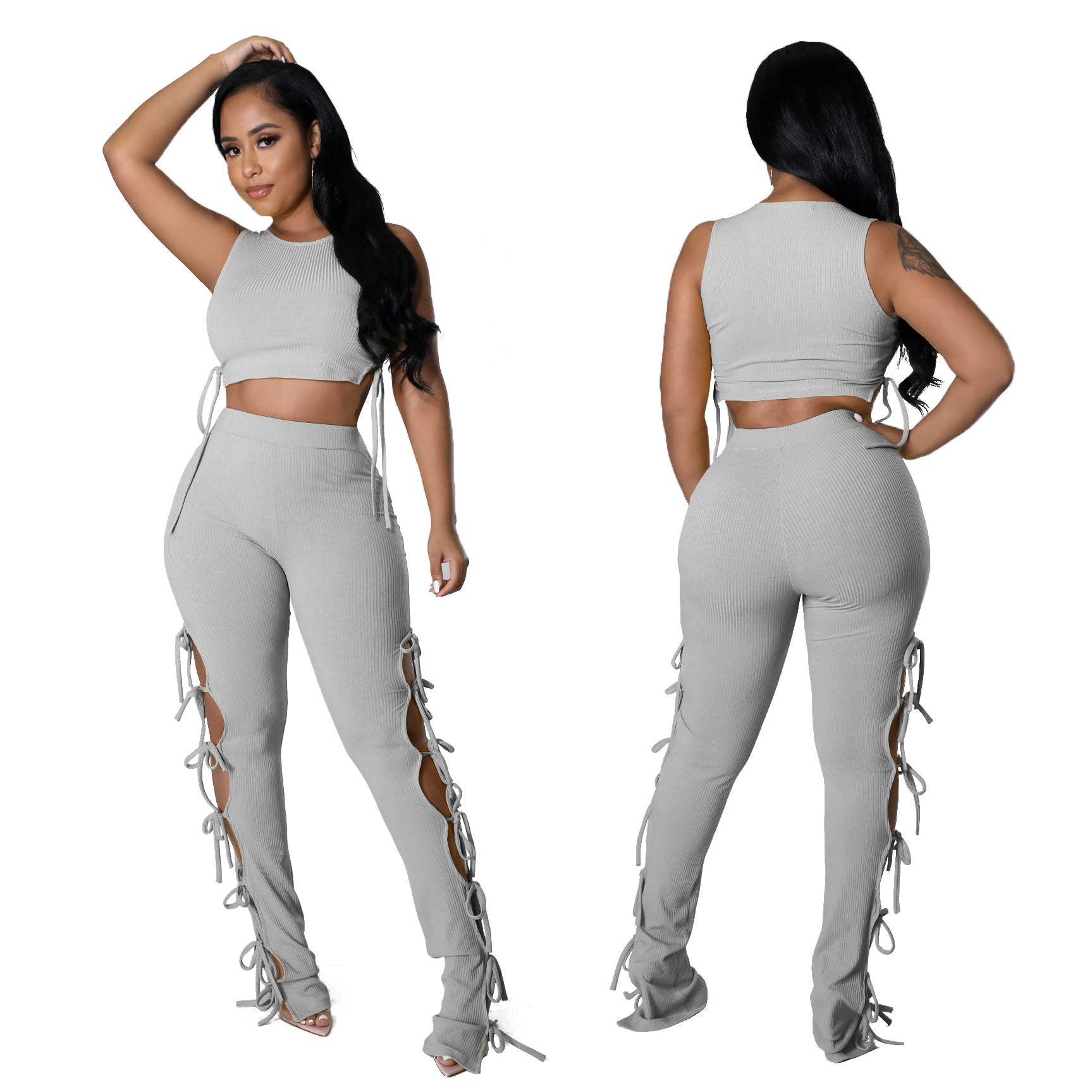 Women's Fashion Summer Style Cutout Tie Solid Color Ribbed Sleeveless Two-Piece Pants Set 5