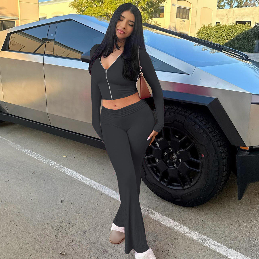 Women's autumn and winter zipper long sleeve hooded top Bell Bottom pants fashion Casual two piece set 14