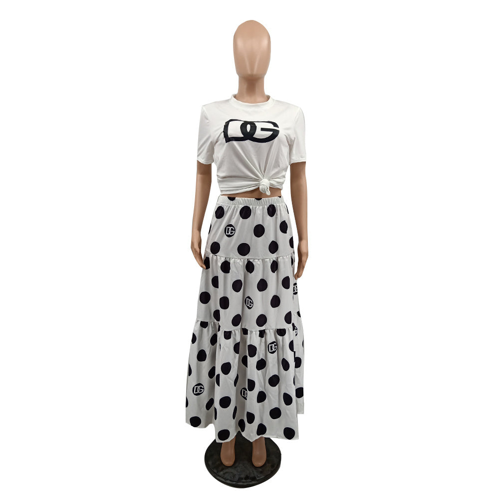 Women's Fashion Sexy Short Sleeve T-shirt Elegant Chic Print Flared Skirt Two-Piece Set 13