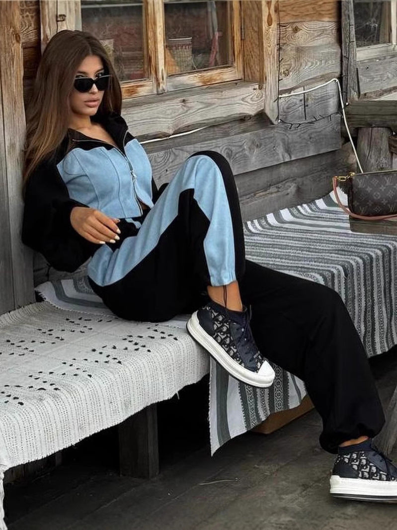 Women's Fashion Casual Hoodies Set Denim Patchwork Hooded Top and Pants Two-Piece Set 6