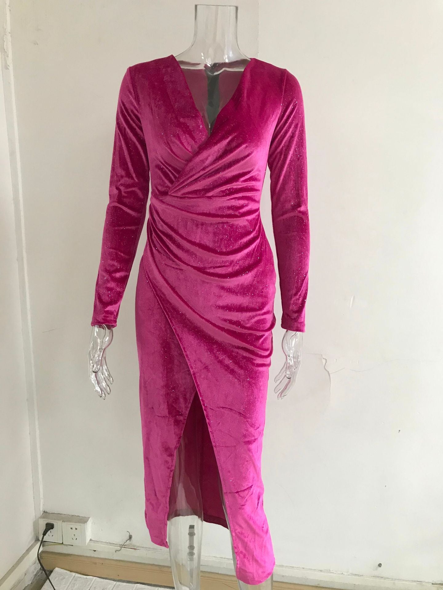 Women Sexy Leg-Exposing Long Sleeve Velvet Dress 19