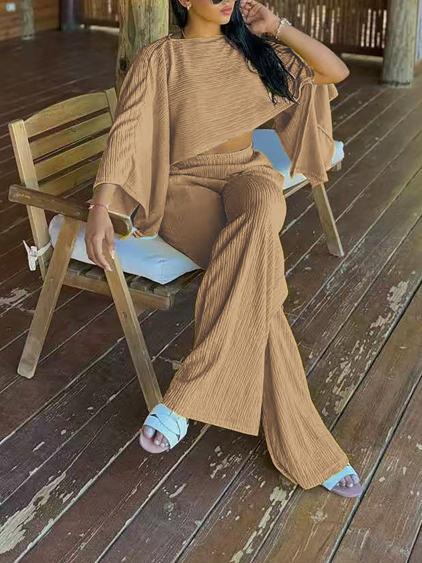 Women's Fashion Sexy Beach Holidays Solid Slash Shoulder Irregular Top with Elastic Waist Pockets Long Pants Set 20