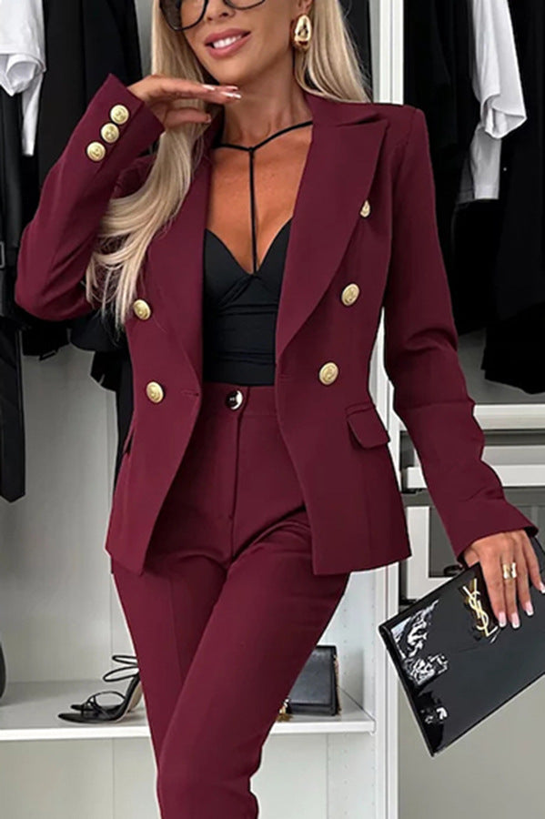 Women Elegant Professional Double-Breasted Blazer and Pants Two-Piece Set 5