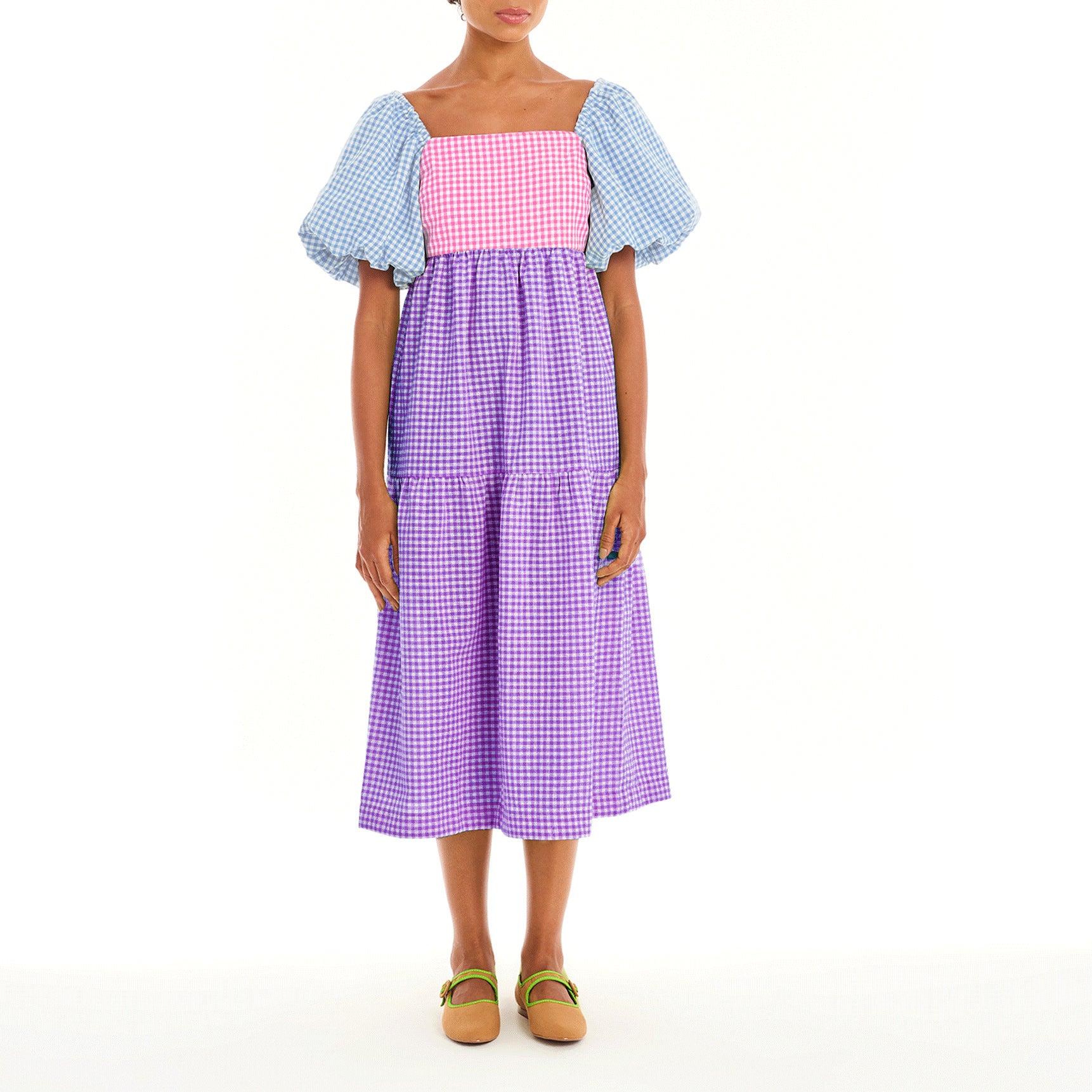 Women Color Block Backless Strappy Balloon Sleeve Dress