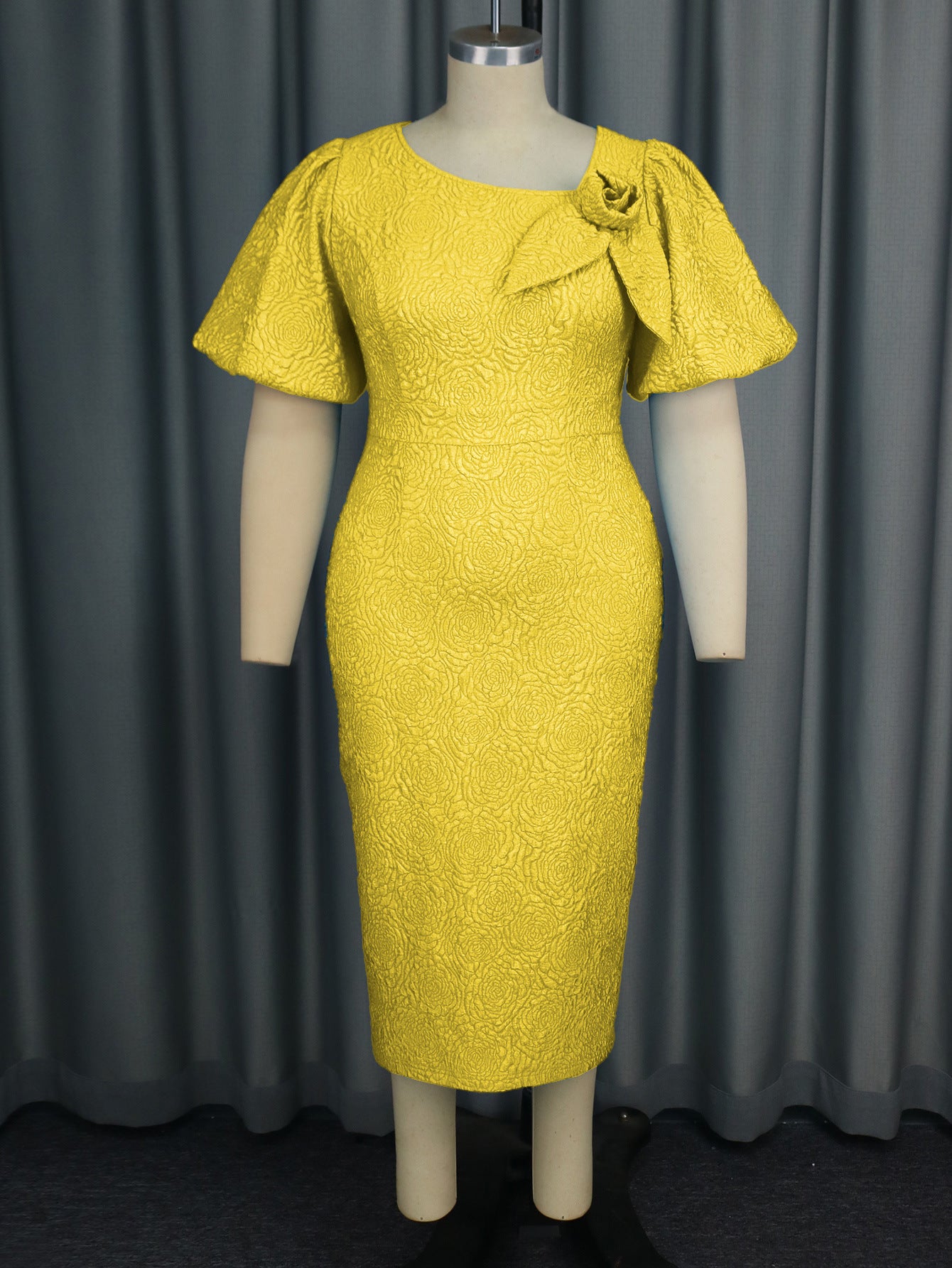 Plus Size Asymmetrical Puff Sleeve High Waist Jacquard Formal Dress 12