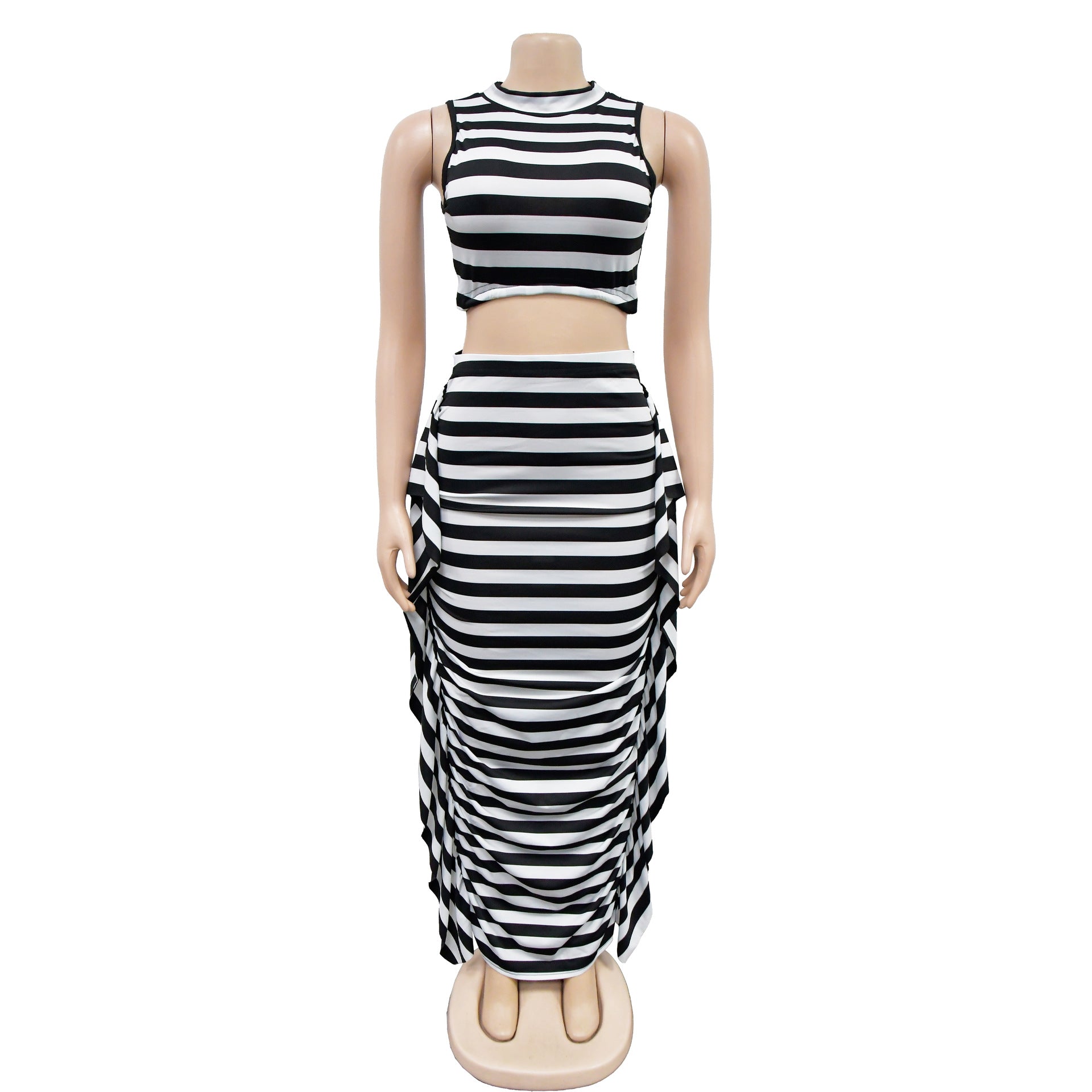 Ladies' Fashion Stripe Sleeveless Crop Top Maxi Skirt Two-Piece Set 13