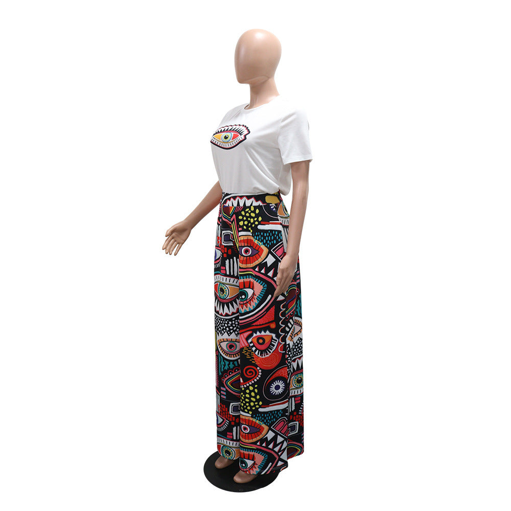 Women Printed Round Neck Short Sleeve Top and Wide Leg Pants Two Piece Set 5