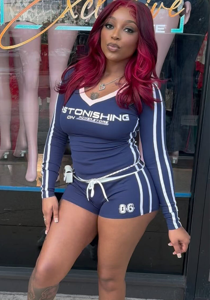 Autumn And Winter Slim Sexy Printed Long-Sleeved V-Neck Top Drawstring Shorts Set