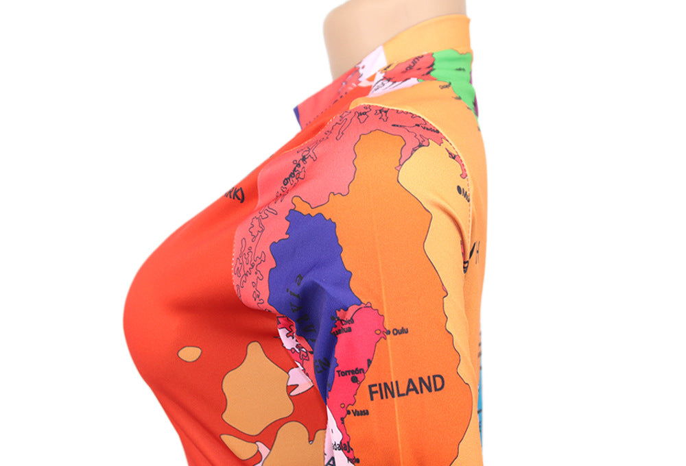 High Neck Long Sleeve Printed Long Dress Fashionable Women's Dress 21