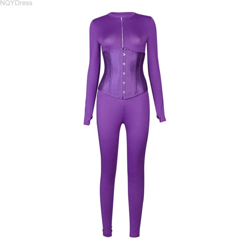 Women's Autumn Solid Color Corset Zipper Tight Fitting Casual Jumpsuit Two Piece Set 39