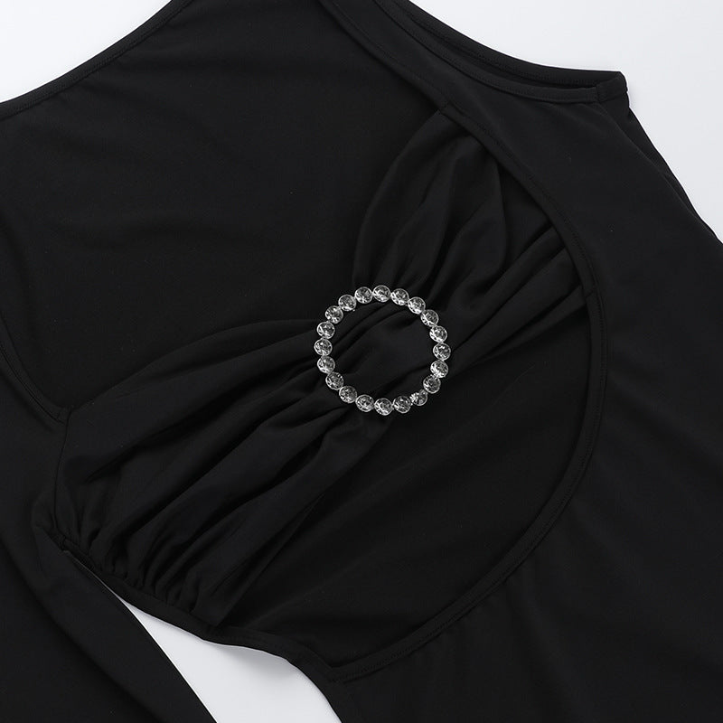 Women Sexy One-Sleeve Metal Button Cutout Dress 12