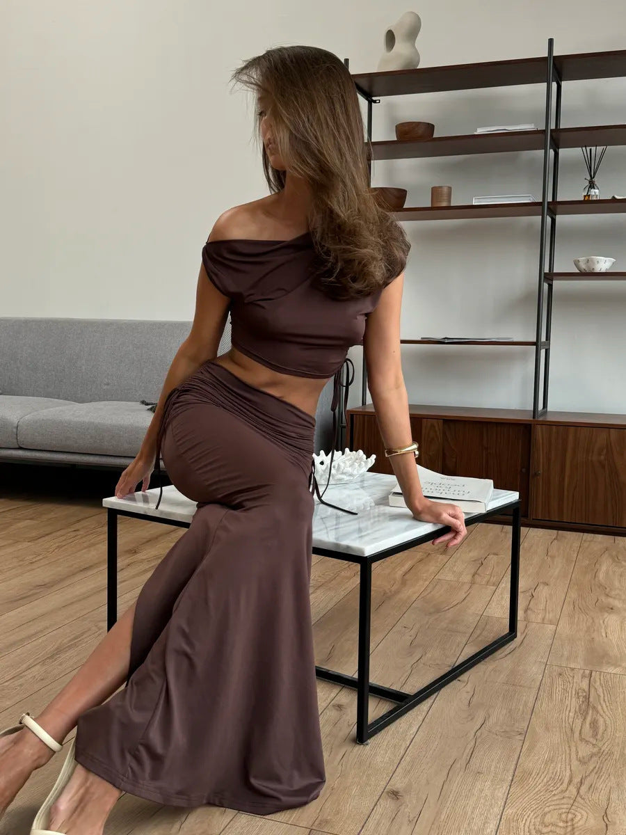 Women's Fashion Slash Shoulder Sexy Crop Top & Slit Skirt Set