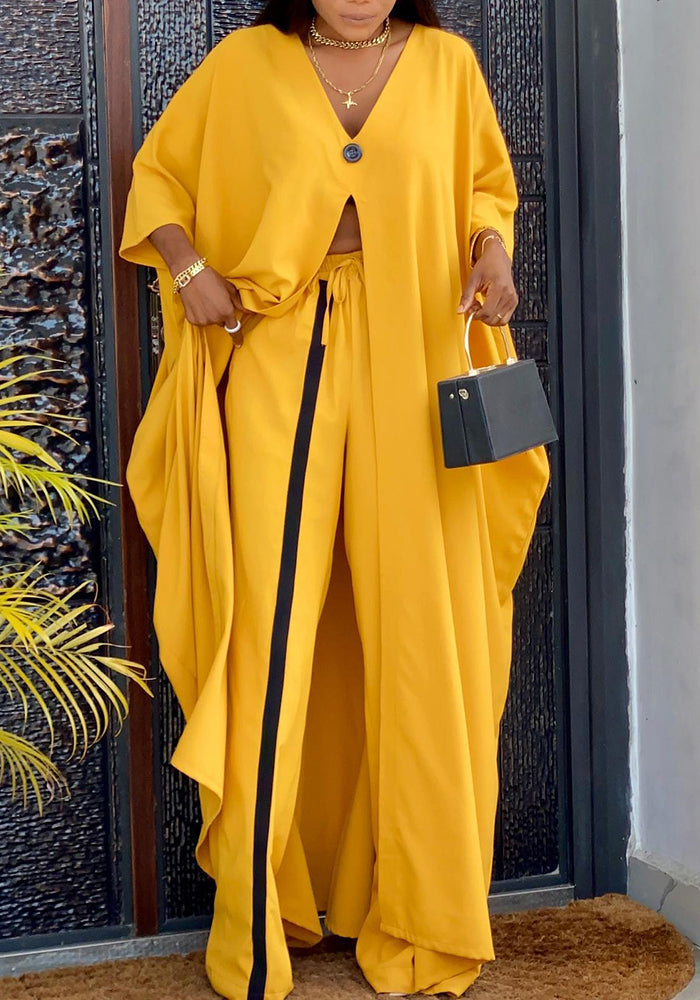Women's fashion yellow v-neck loose long-sleeved blouse pants suit