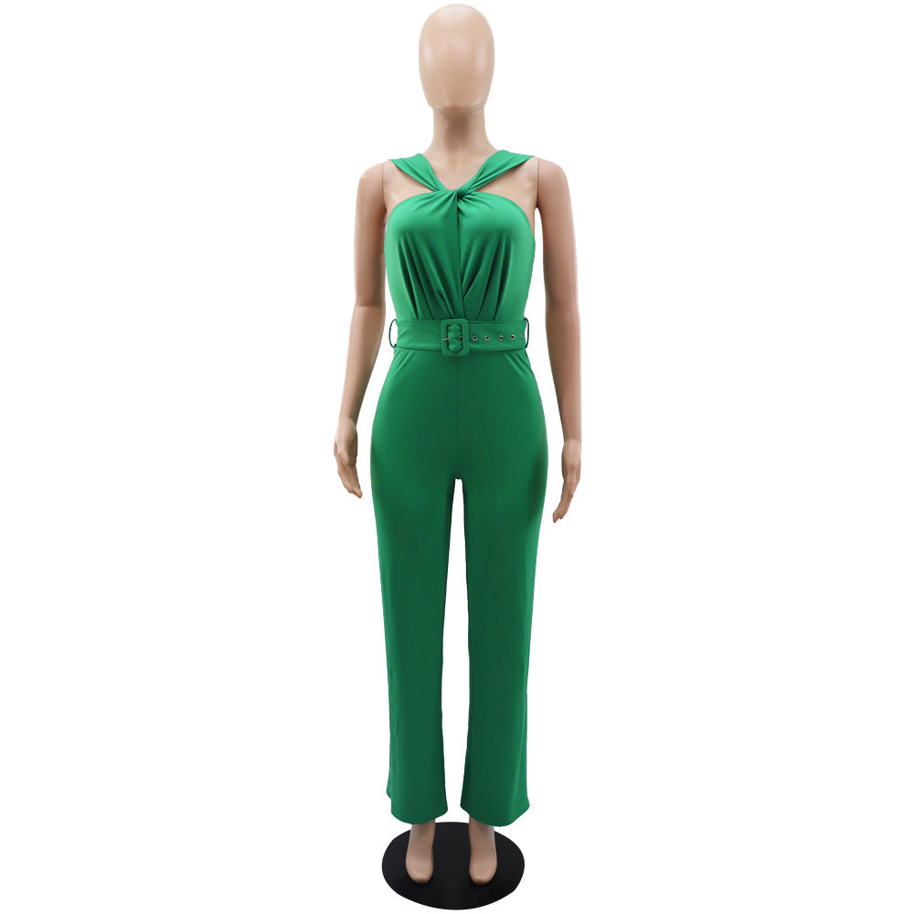 Summer Sleeveless Low Back Solid Color High Waist Strap Straight Jumpsuit 12
