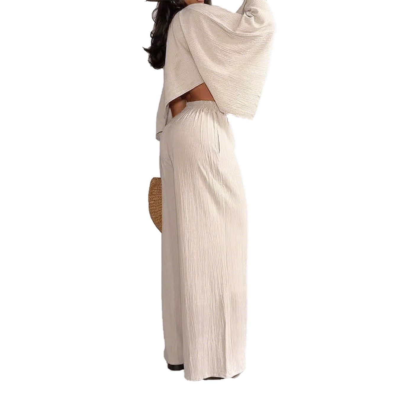 Women's Fashion Sexy Beach Holidays Solid Slash Shoulder Irregular Top with Elastic Waist Pockets Long Pants Set 5