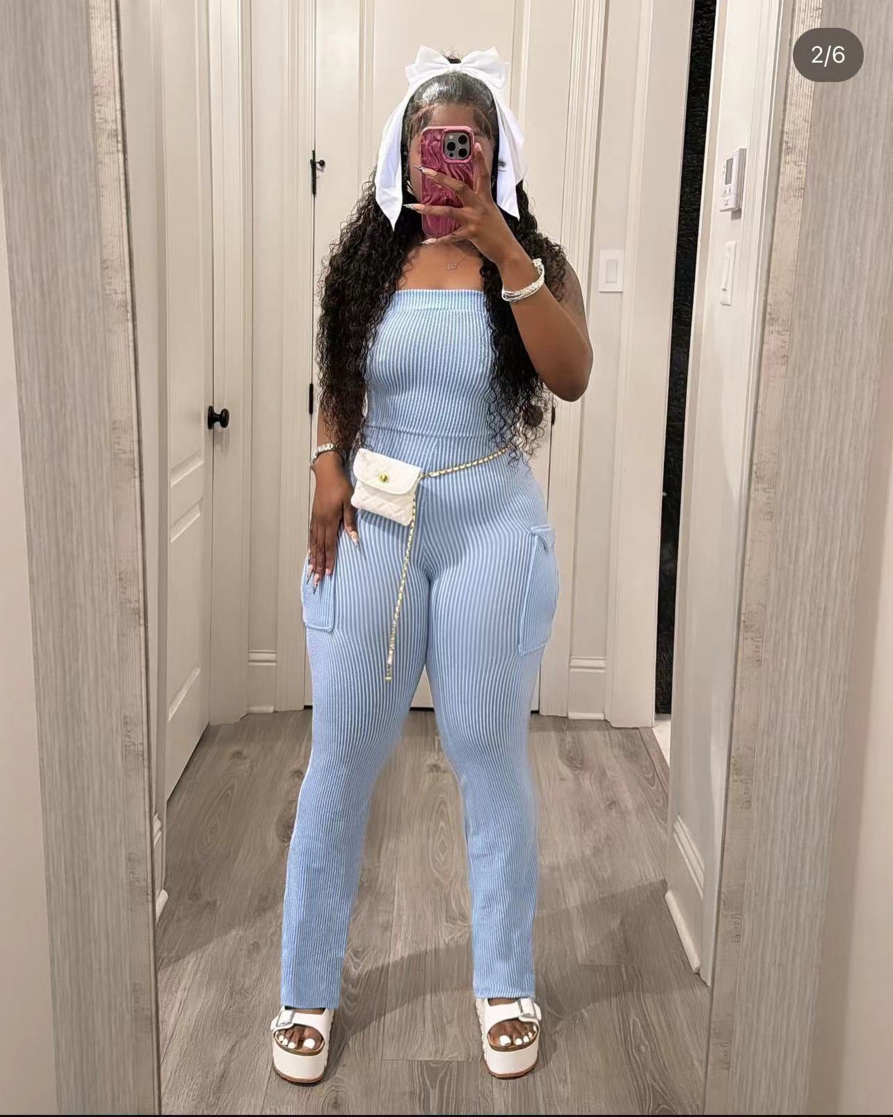 Summer Fashion Solid Color Ribbed Pocket Sexy Tight Fitting Jumpsuit