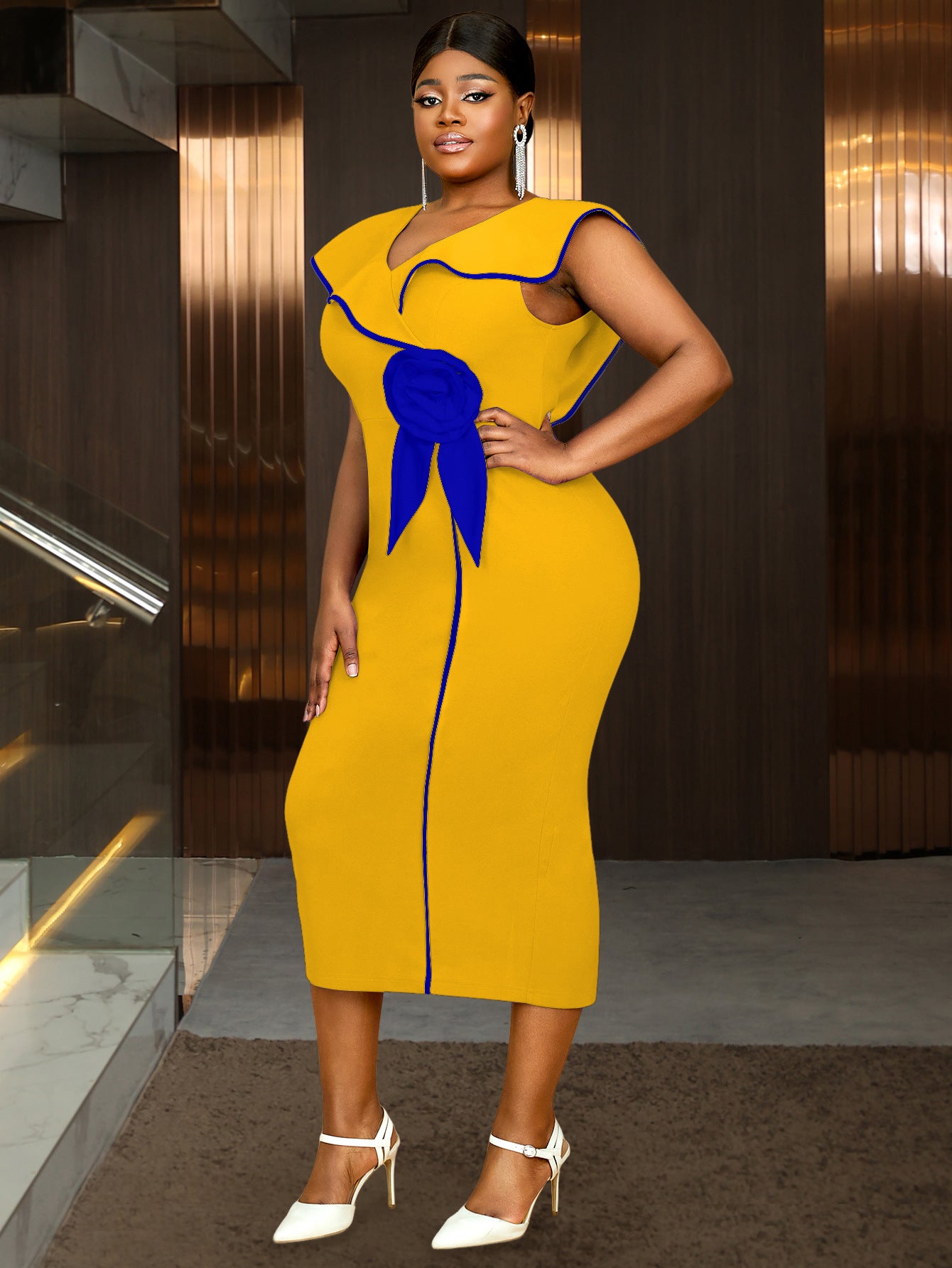 Plus-Size Contrast Flower Ruffle Sleeve Elegant Chic Formal Party Dress 22