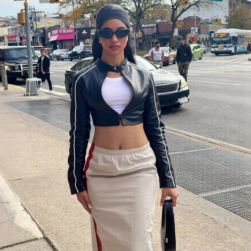 Women autumn PU leather zippered long-sleeved jacket 6