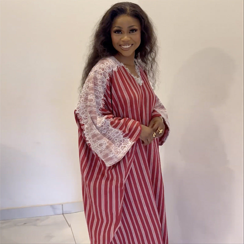 Women Summer Lace V-Neck Striped Dress 5