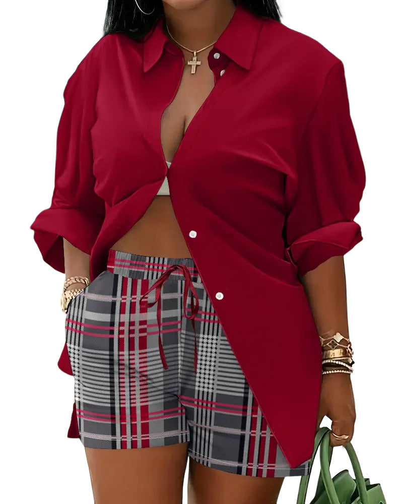 Women's Long Sleeve Printed Shirt Shorts Printed Two Piece Set 11