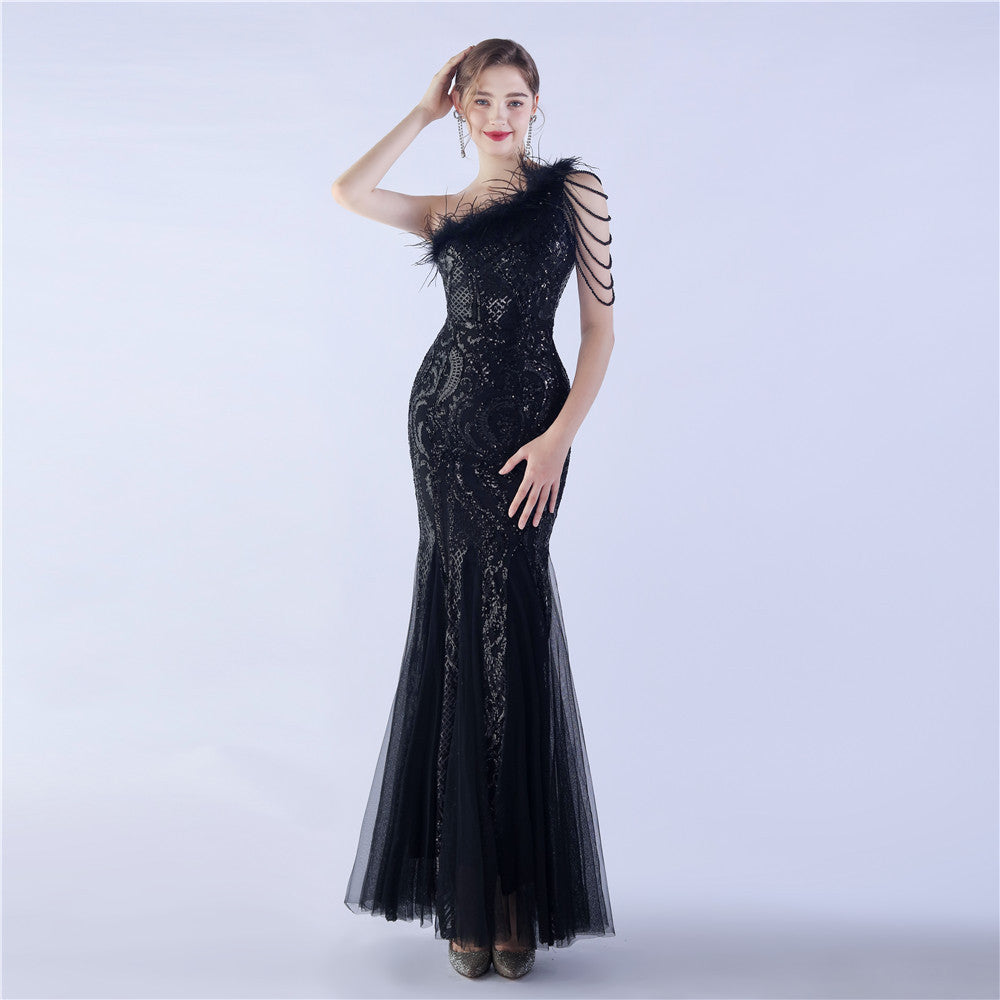 Elegant Beading And Feathers High-End Sequined Evening Dress 3