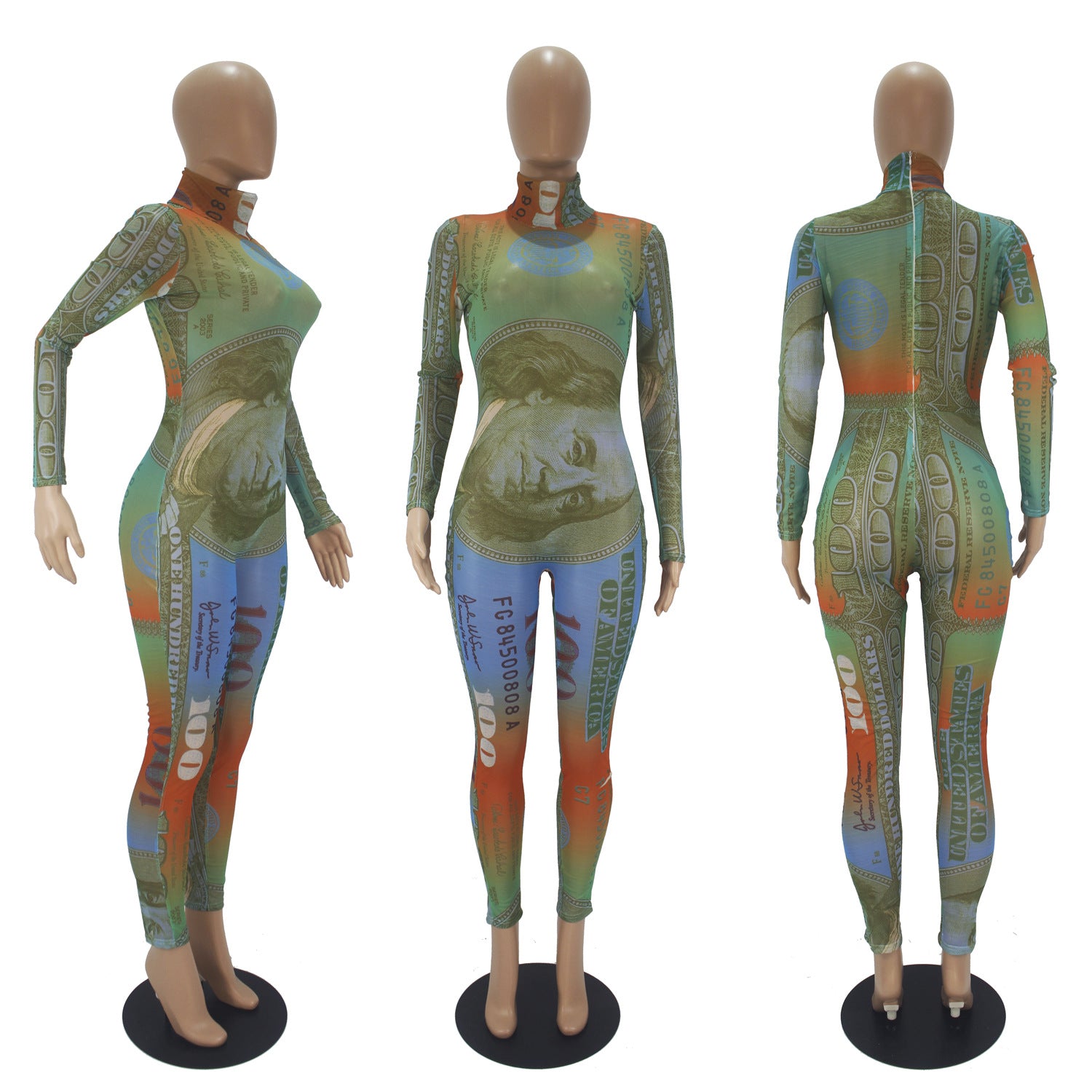 Women's Sexy Dollar Print Mesh Long Sleeve Jumpsuit 8
