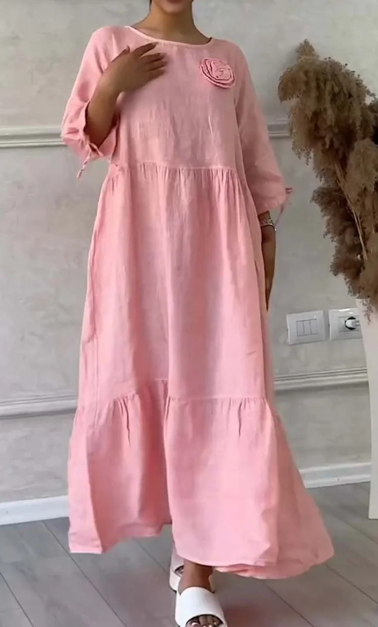 Women's Round Neck Pleated Long Sleeve Drawstring Back Tie Solid Color Casual Loose Dress 5