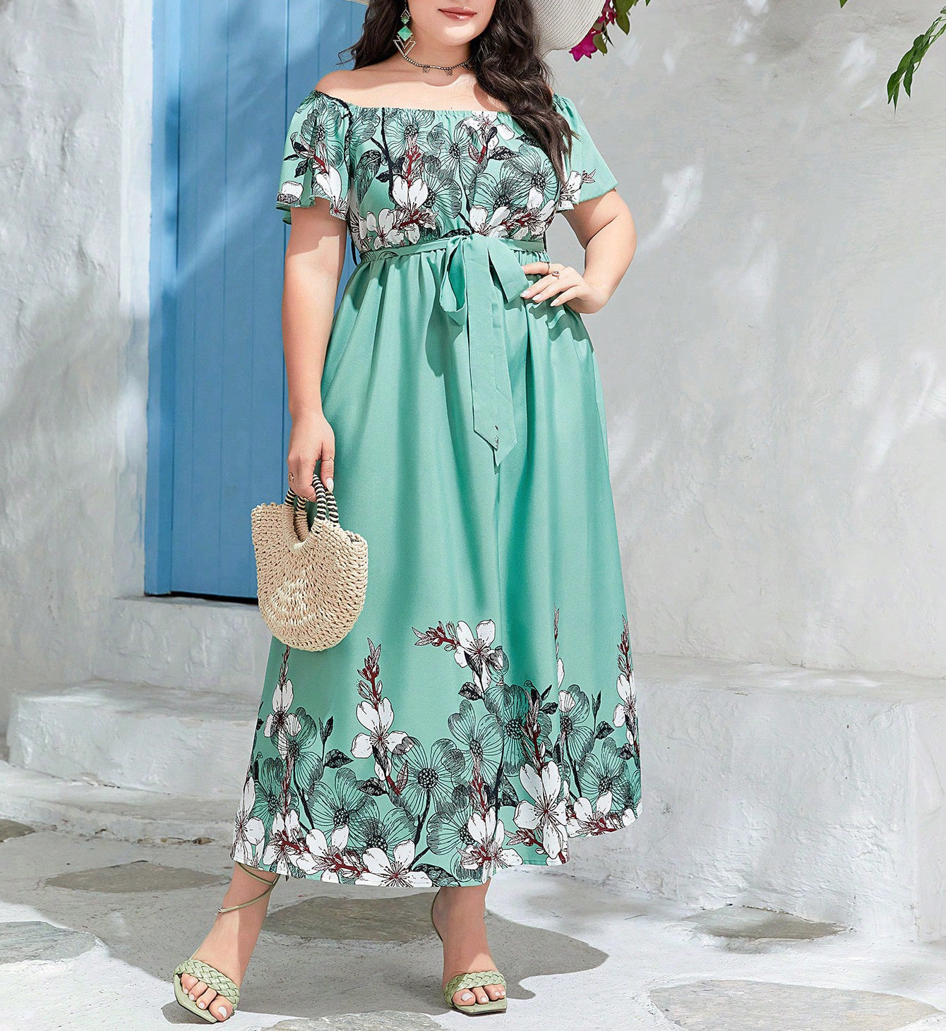 Off Shoulder Slim Waist Print A-Line Plus Size Elegant Chic Holidays Long Dress 5