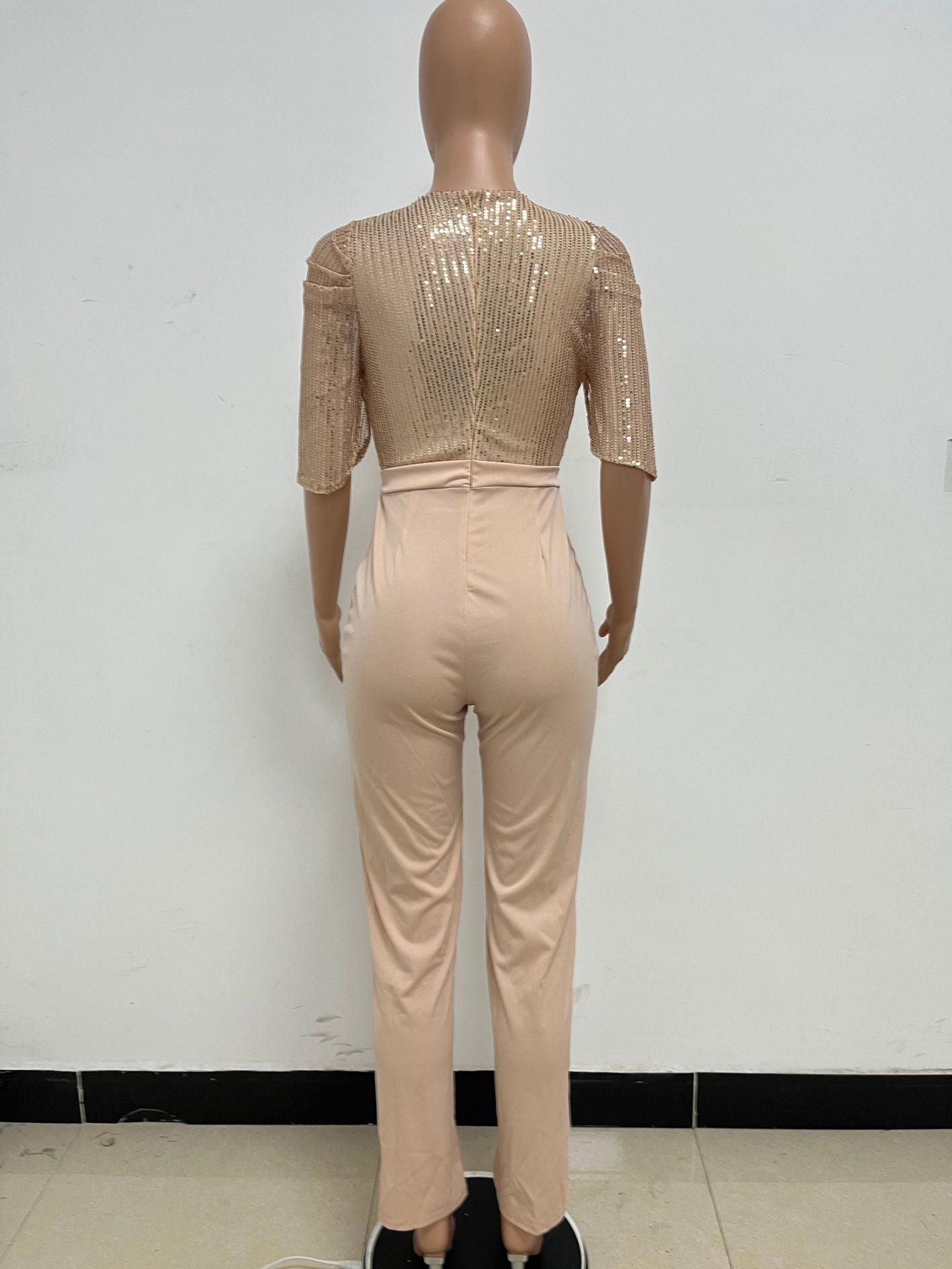 Women's Fashion Sequins Half Sleeve Wide-Leg Chic Ladies Jumpsuit 19