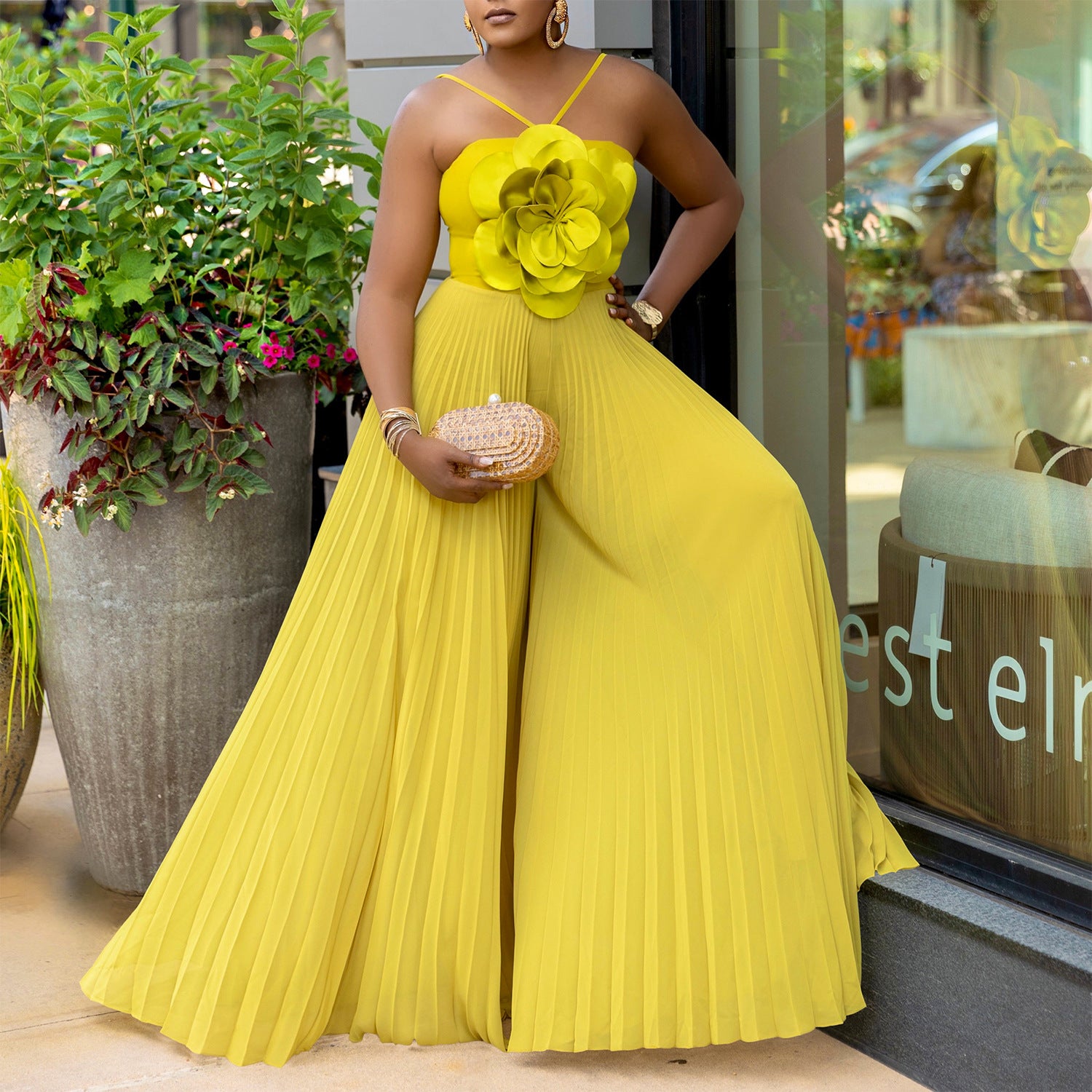 Women's Summer Halter Neck Flower Solid Color Wide Leg Plus Size Jumpsuit 3