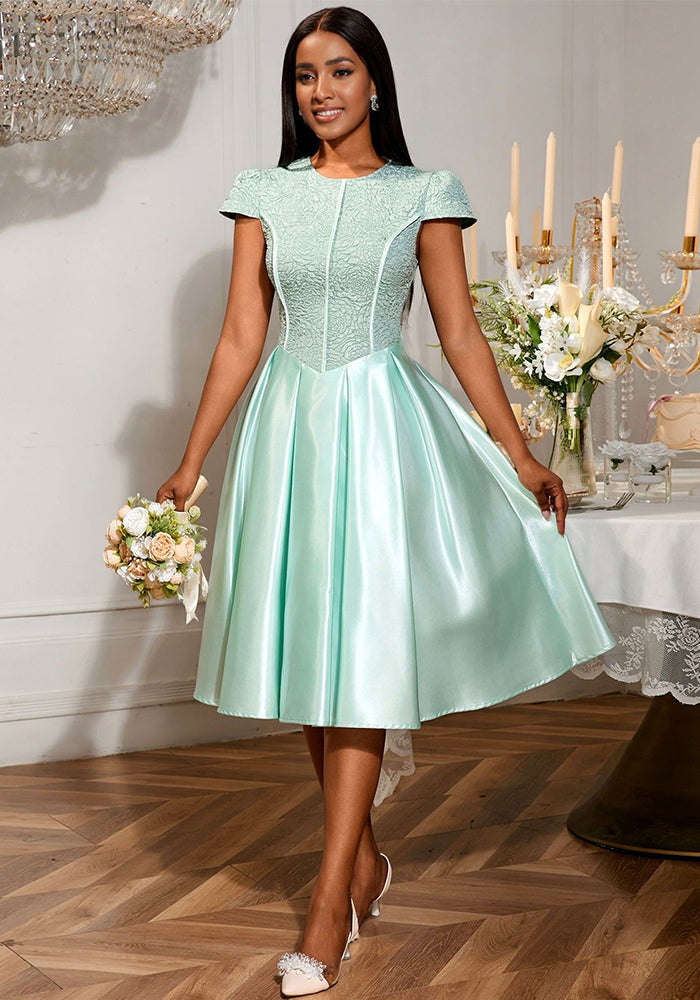 Summer Round Neck Rose Jacquard Bridesmaid Dress Bow Lace-Up Elegant Party Gown 5