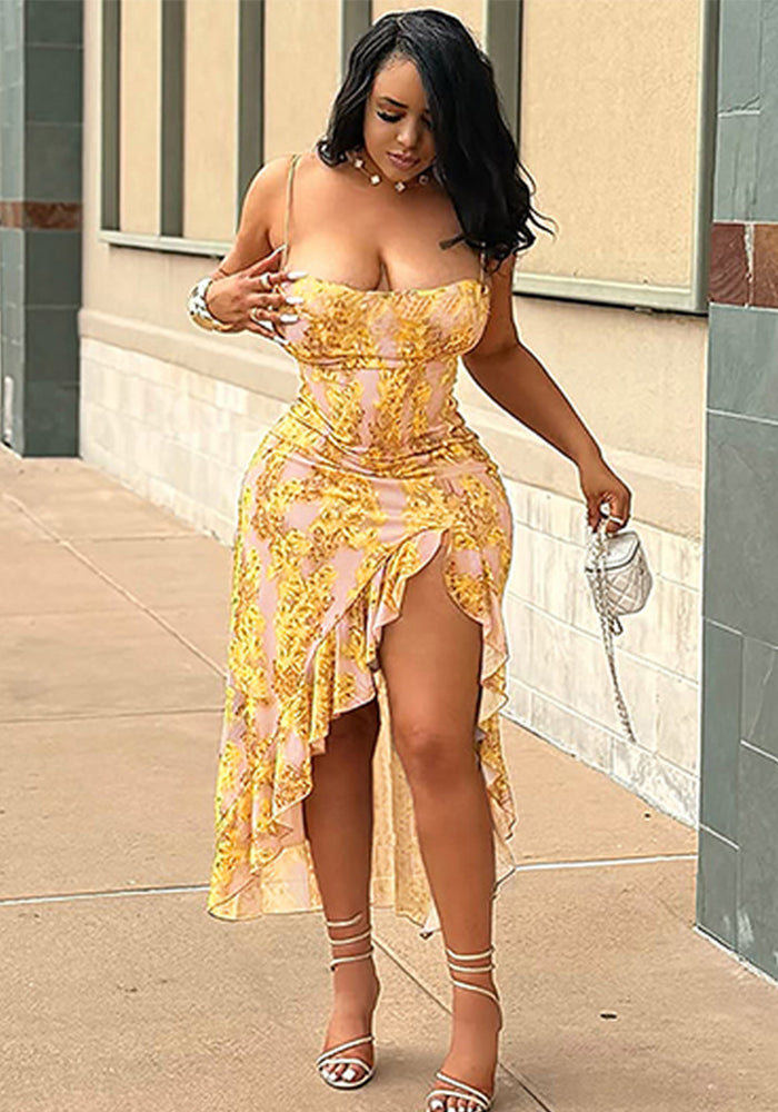 Summer women's sexy chic printed strap slit ruffle long dress