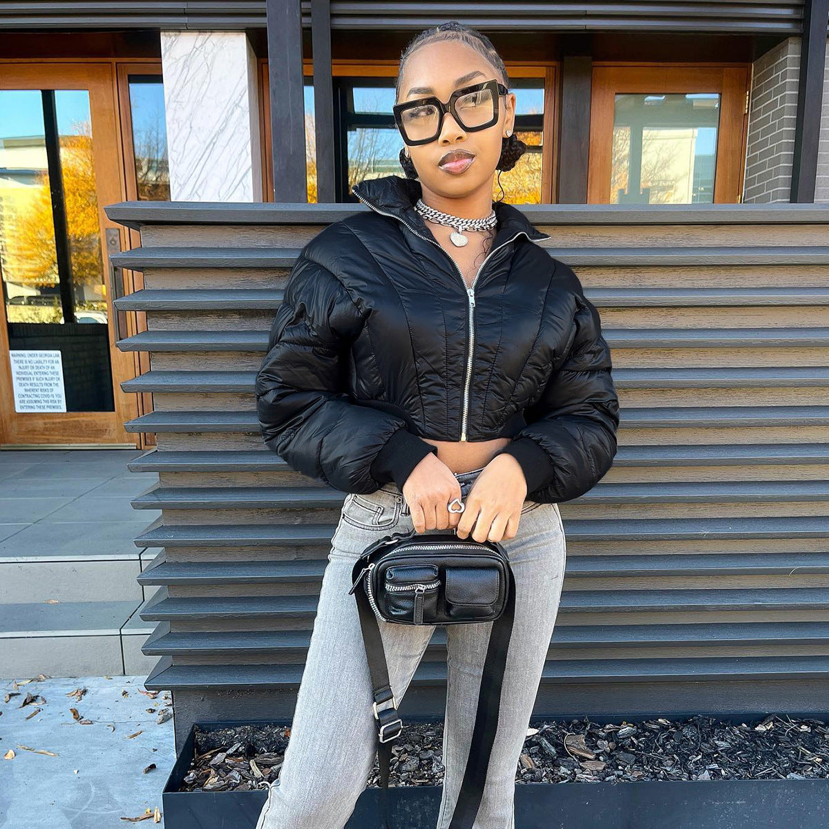 Women Black Crop Padding Jacket 3