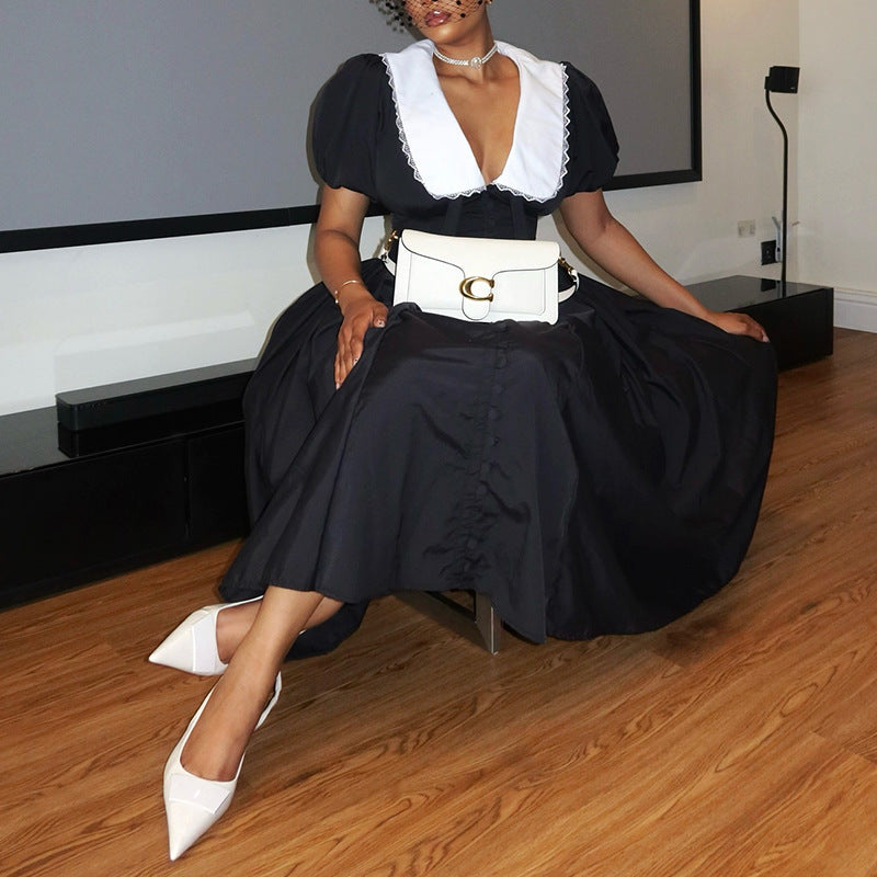 Women autumn and winter French puff sleeve Maxi dress 4