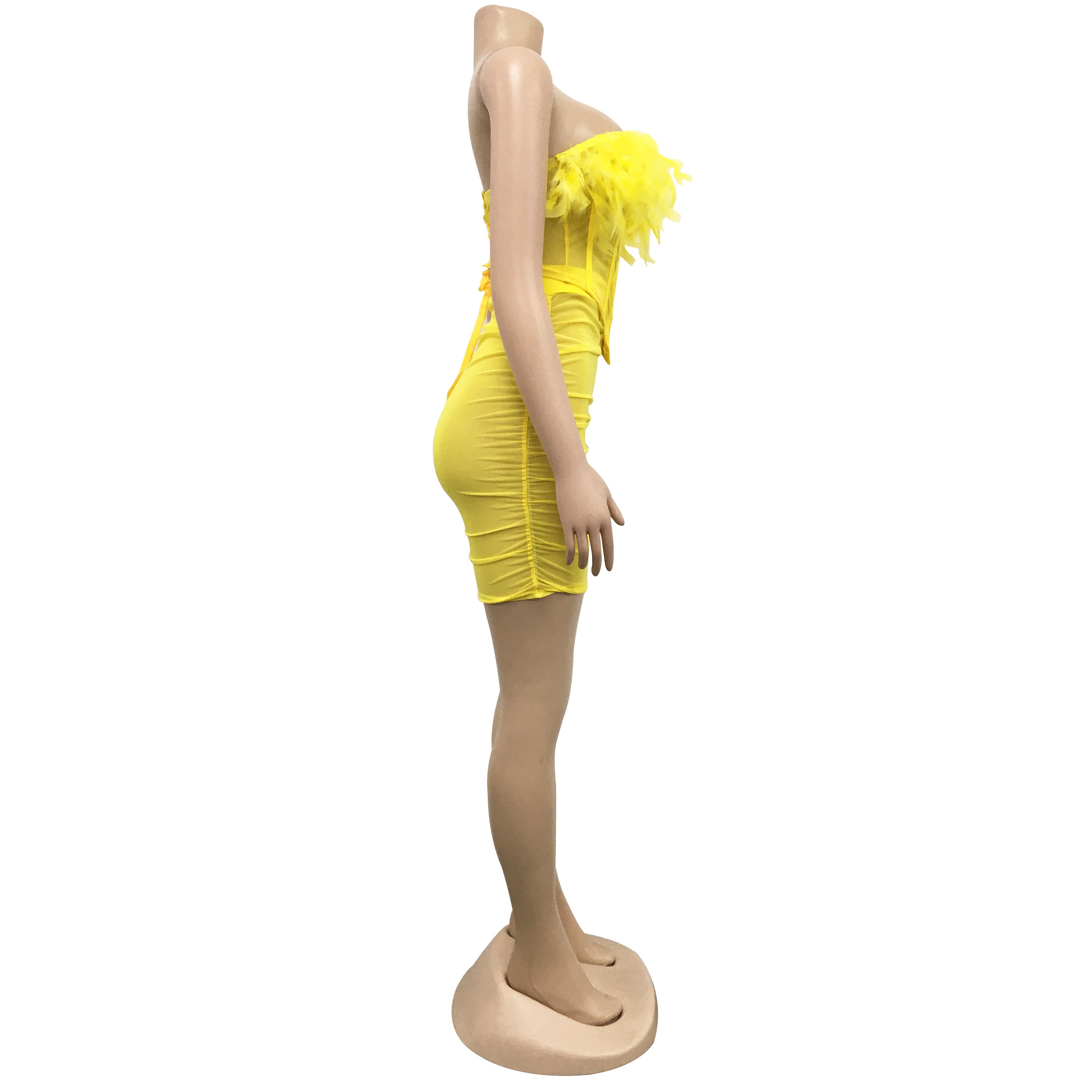 Solid Mesh See-Through Feather Lace-Up Strapless Tank Top Ruffled Midi Skirt Two Piece Set 21