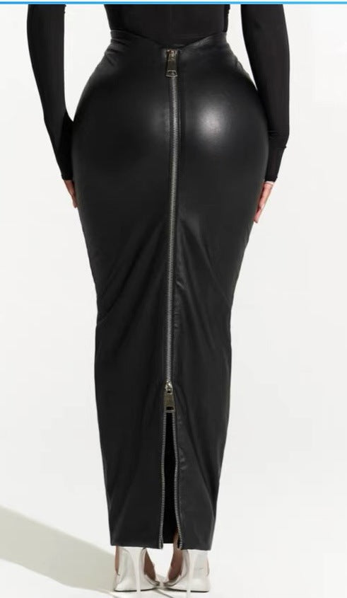 Women Autumn and Winter Black Bodycon Zipper Pu-Leather Skirt 6