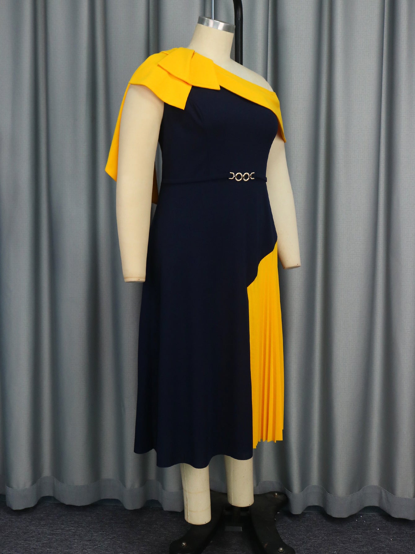 Women Style One Shoulder Collar Contrast Patchwork Party Dresses 7