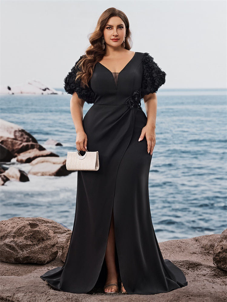 Plus Size Puff Sleeve Evening Dress Formal Party Sexy Slit Chic Mermaid Long Dress