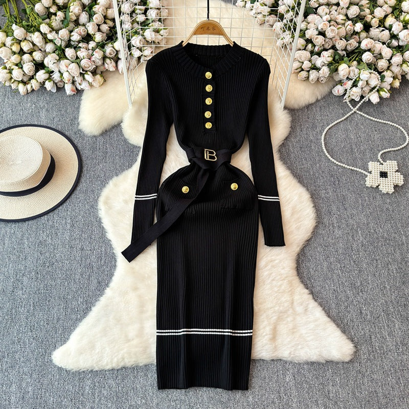Women Fall/Winter Round Neck Knitting Belted Bodycon Sweater Dress 8