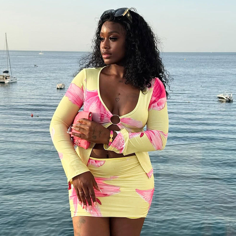 Women's Floral Print Long Sleeve Ring-Detail Slit Top & Tight-Fitting Skirt Two-Piece Set 5