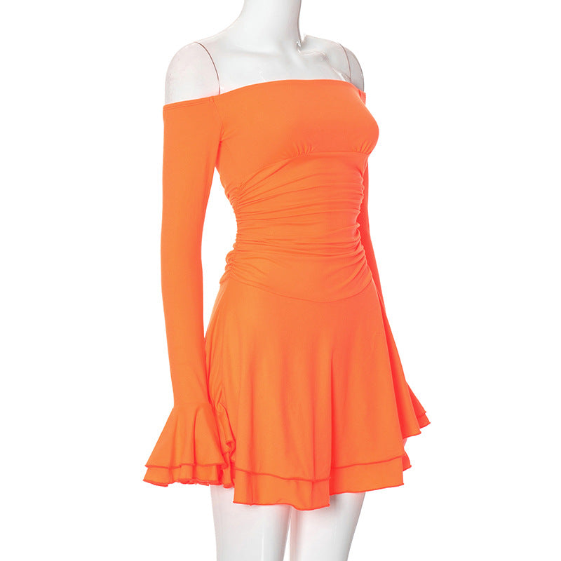 Women Solid Off Shoulder Bell Bottom Sleeve Dress 9