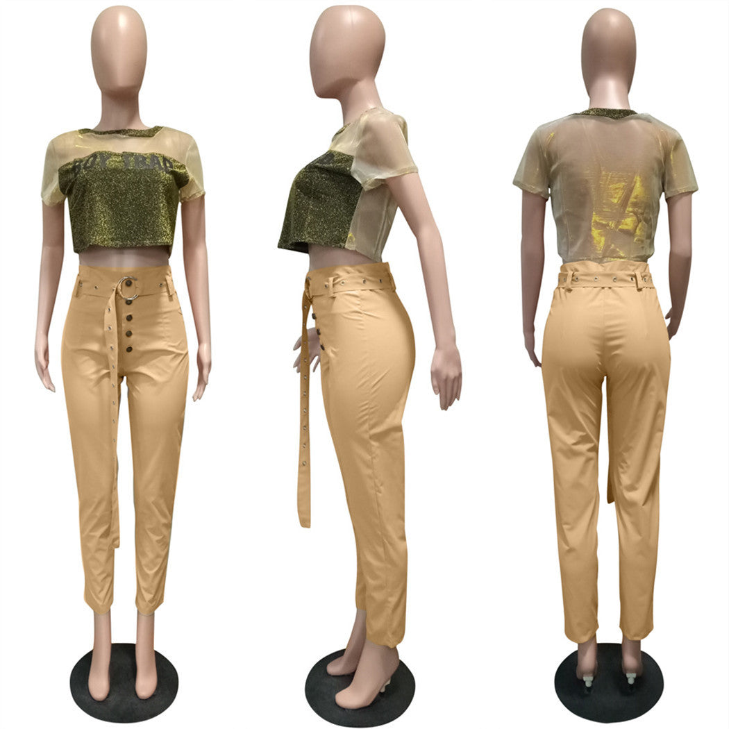 Women's Fitted Solid Color High Waist Pants With Belt 9