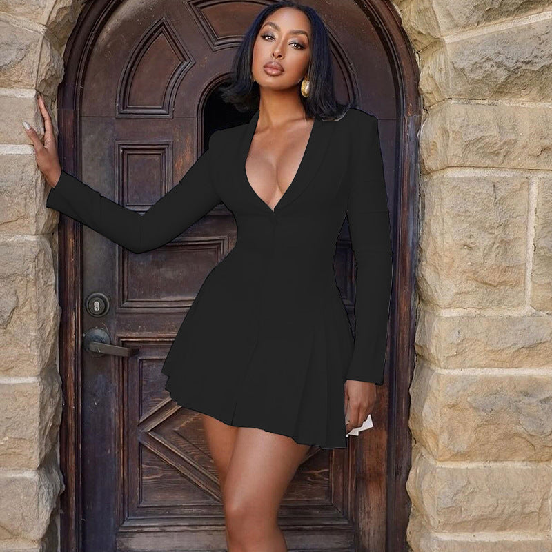 Women Sexy Solid V Neck Long Sleeve Pleated Skirt