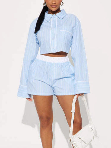 Women Summer Casual Long-Sleeve Turndown Collar Top and Shorts Two-Piece Set 8