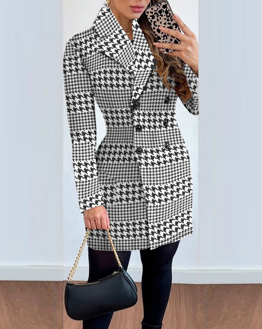 Women Autumn and Winter Long Sleeve Double Breasted Turndown Collar Printed Jacket 10