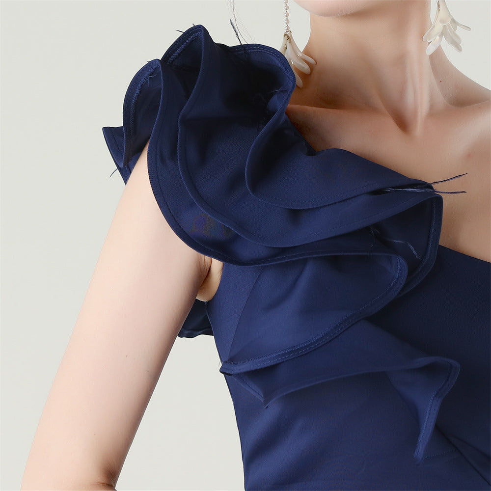 Women One-Shoulder Beaded Wool and Floral Satin Slit Sexy Evening Dress 57