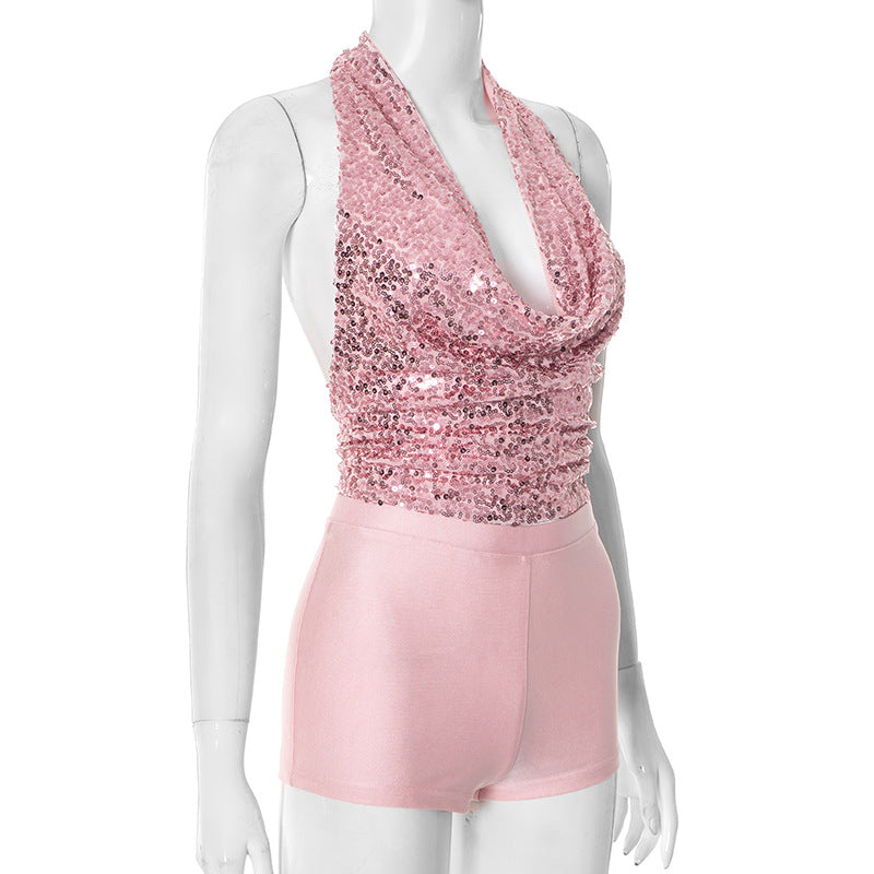 Women's Sequined Draped Halter Neck Lace-Up Top & Tight Fitting Shorts Two-Piece Set 7