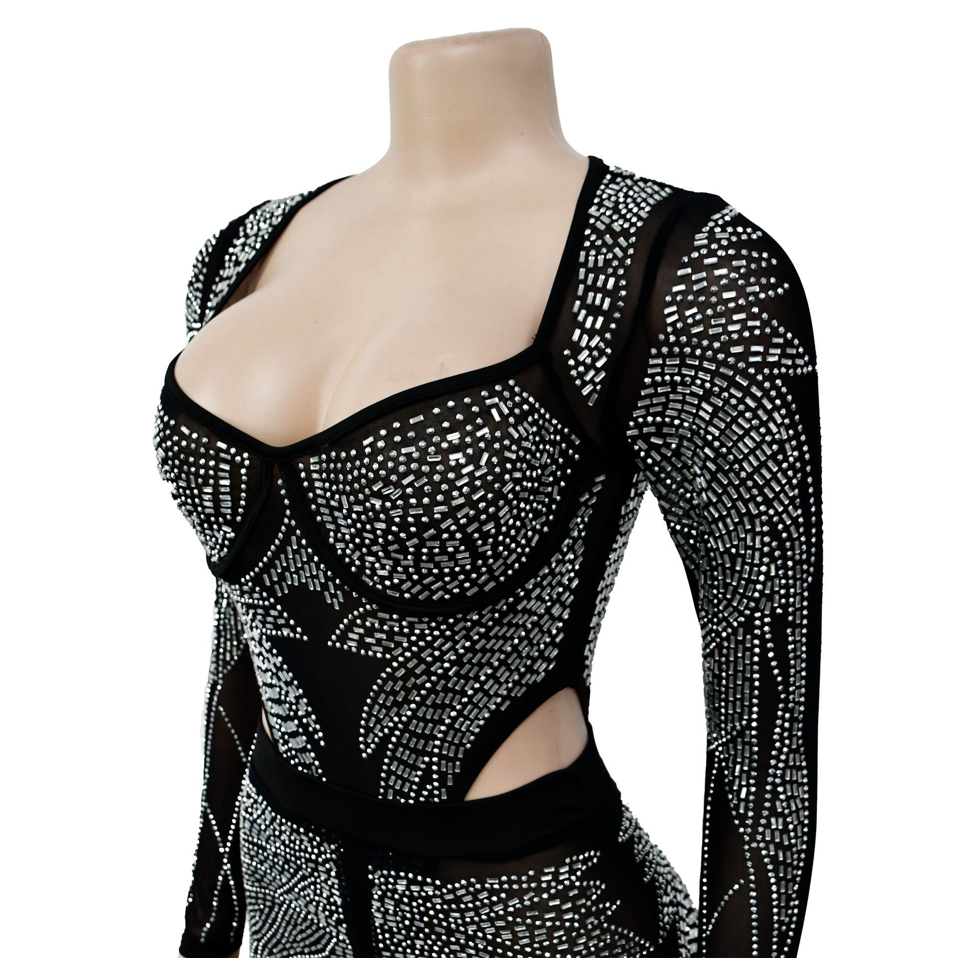 Ladies' Fashion Solid Mesh Beaded Long Sleeve Jumpsuit 18