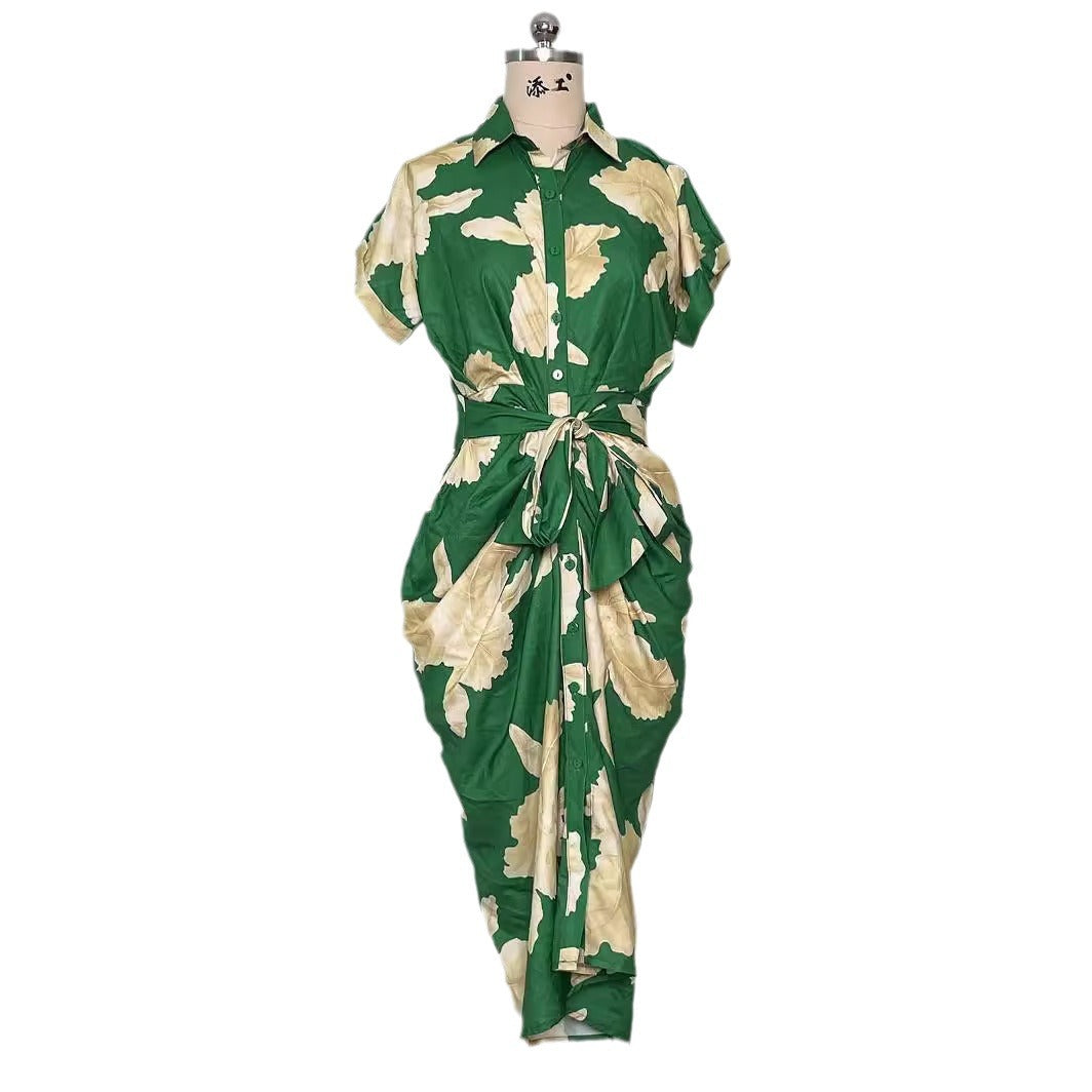 Women's Summer Printed Slim Single-Breasted Casual Shirt Dress 8